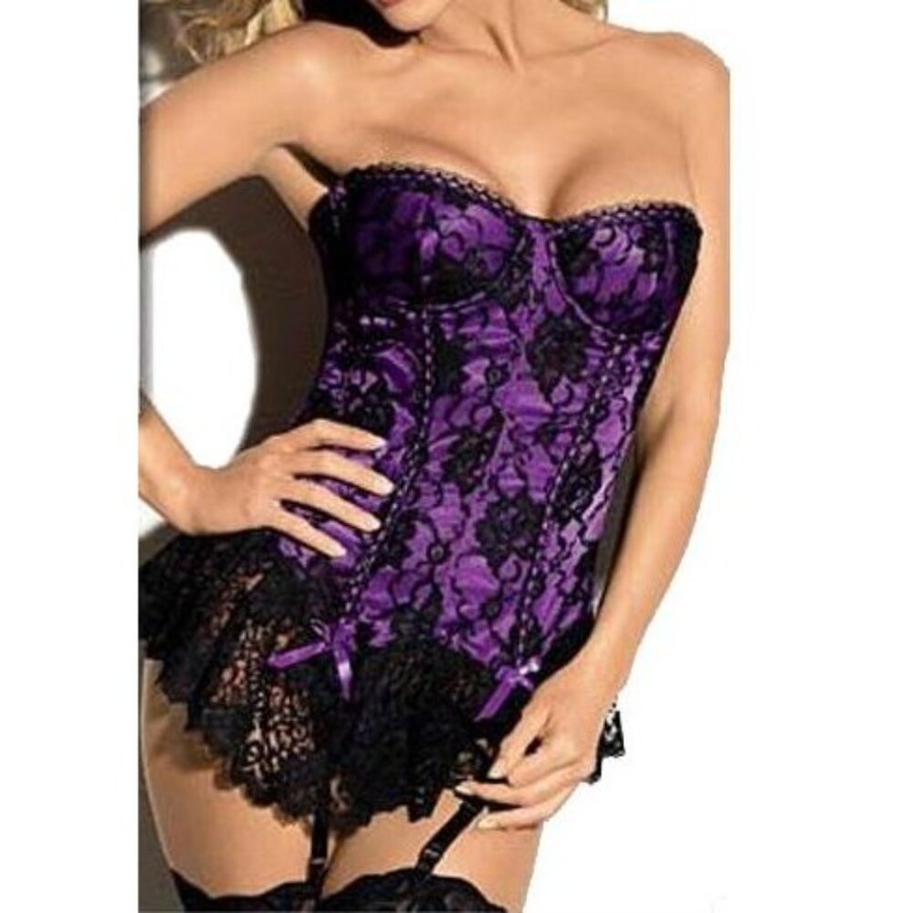 Purple Black Lace Ruffled Long Line Corset Bustier Set - NEW